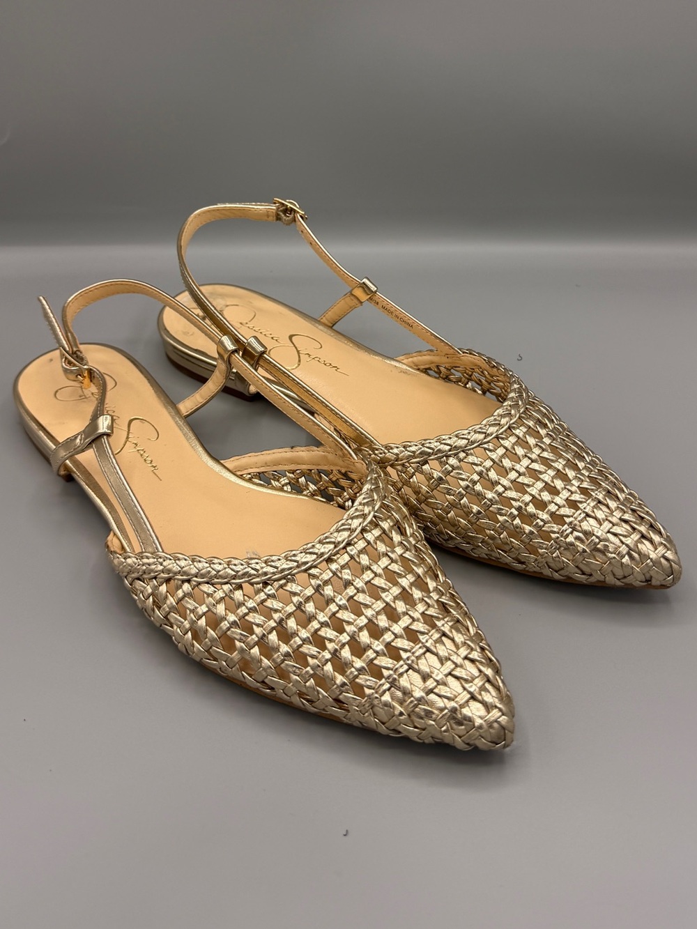 Jessica Simpson Metallic Gold Woven Pointed-Toe Slingback Flats 🏆